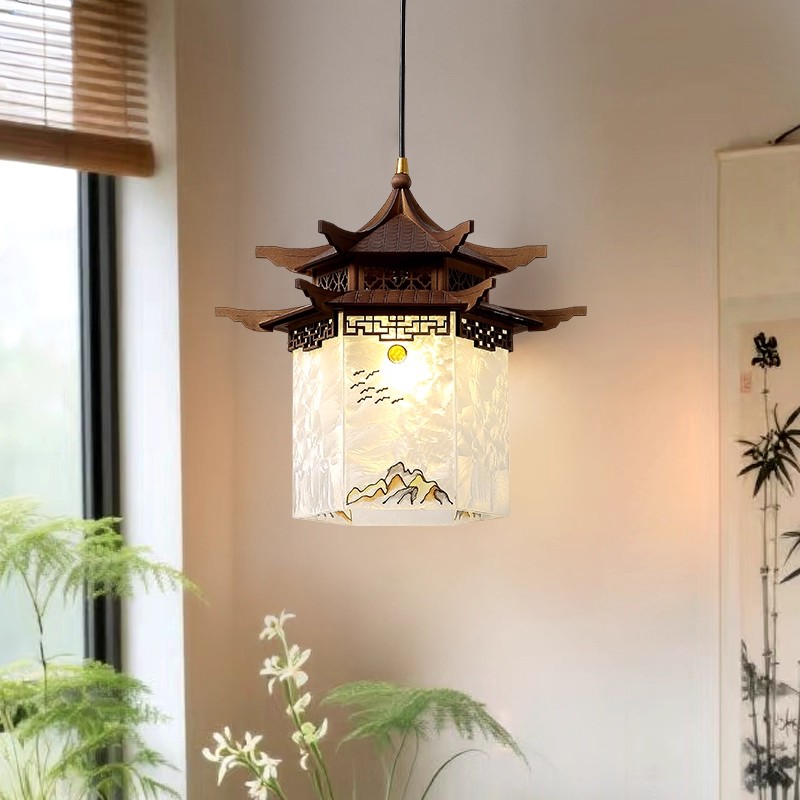 新中式宋代美学禅意茶室餐厅仿古建筑房子凉亭玄关灯四角凉亭吊灯