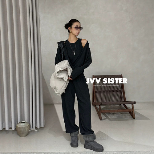 HYC十三行2026冬季新款交叉V领短款上衣高腰束脚裤两件套女21037