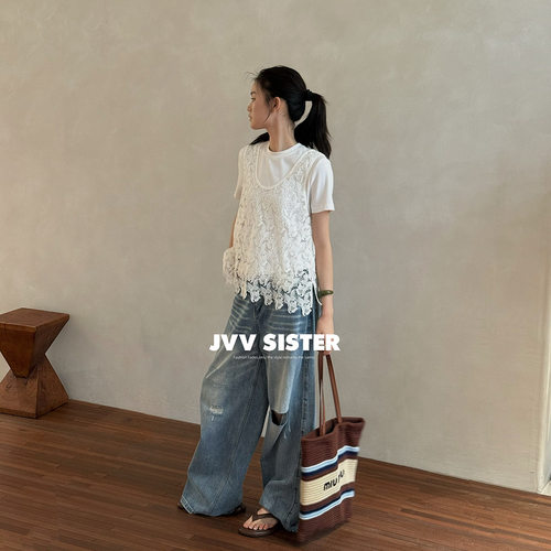JVV十三行2026夏季新款重工立体花卉蕾丝上衣镂空百搭背心女91008