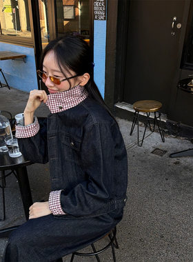 时简 小个子撞色拼接格纹内衬显瘦深蓝牛仔外套女2026秋新款22218