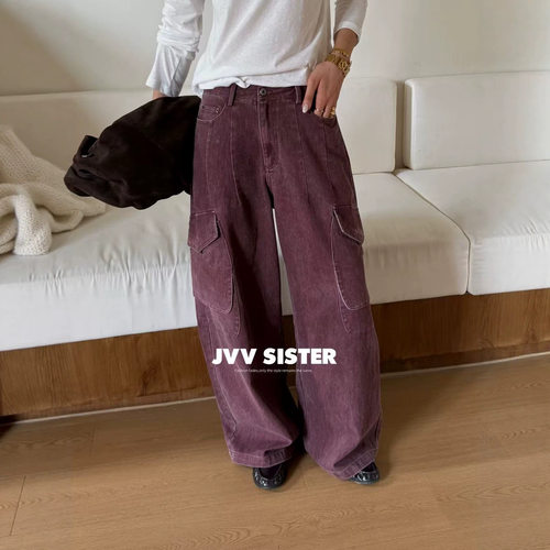 JVV十三行2026秋季新款重工酵洗复古阔腿工装裤休闲长裤女潮91305