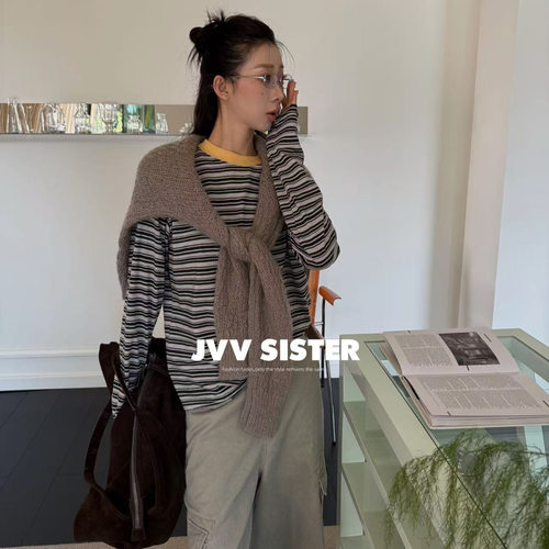 JVV十三行2026秋季新款时尚撞色圆领条纹宽松上衣长袖T恤女01238