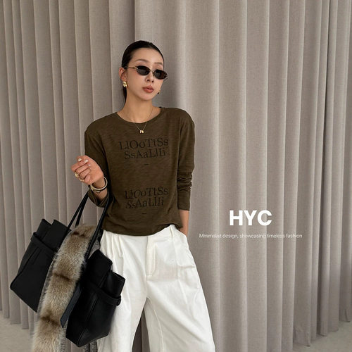 HYC十三行2026秋冬新款美式复古字母印花上衣百搭显瘦T恤女21026