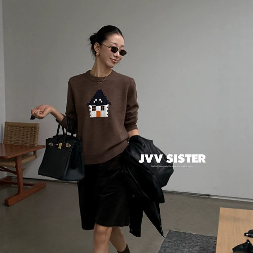 JVV十三行2026秋季新款趣味提花图案针织上衣百搭休闲毛衣女01327