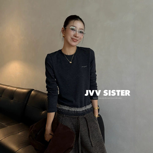 JVV十三行2026秋季新款设计感下摆格纹木耳边拼接长袖T恤女91097