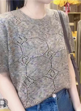 春夏女格子短袖针织衫显瘦减龄