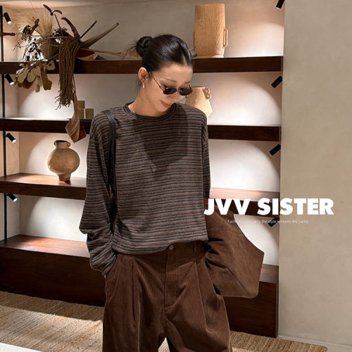 JVV十三行2026秋季新款美式复古条纹宽松上衣显瘦条纹T恤女73008