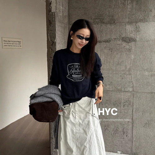 HYC十三行2026秋季新款美式复古休闲风上衣印花长袖T恤女潮21021