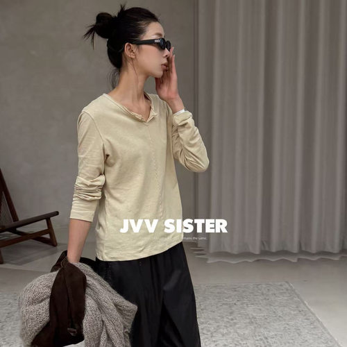 JVV SISTER十三行2026秋季新款简约小V领上衣休闲宽松T恤女01227