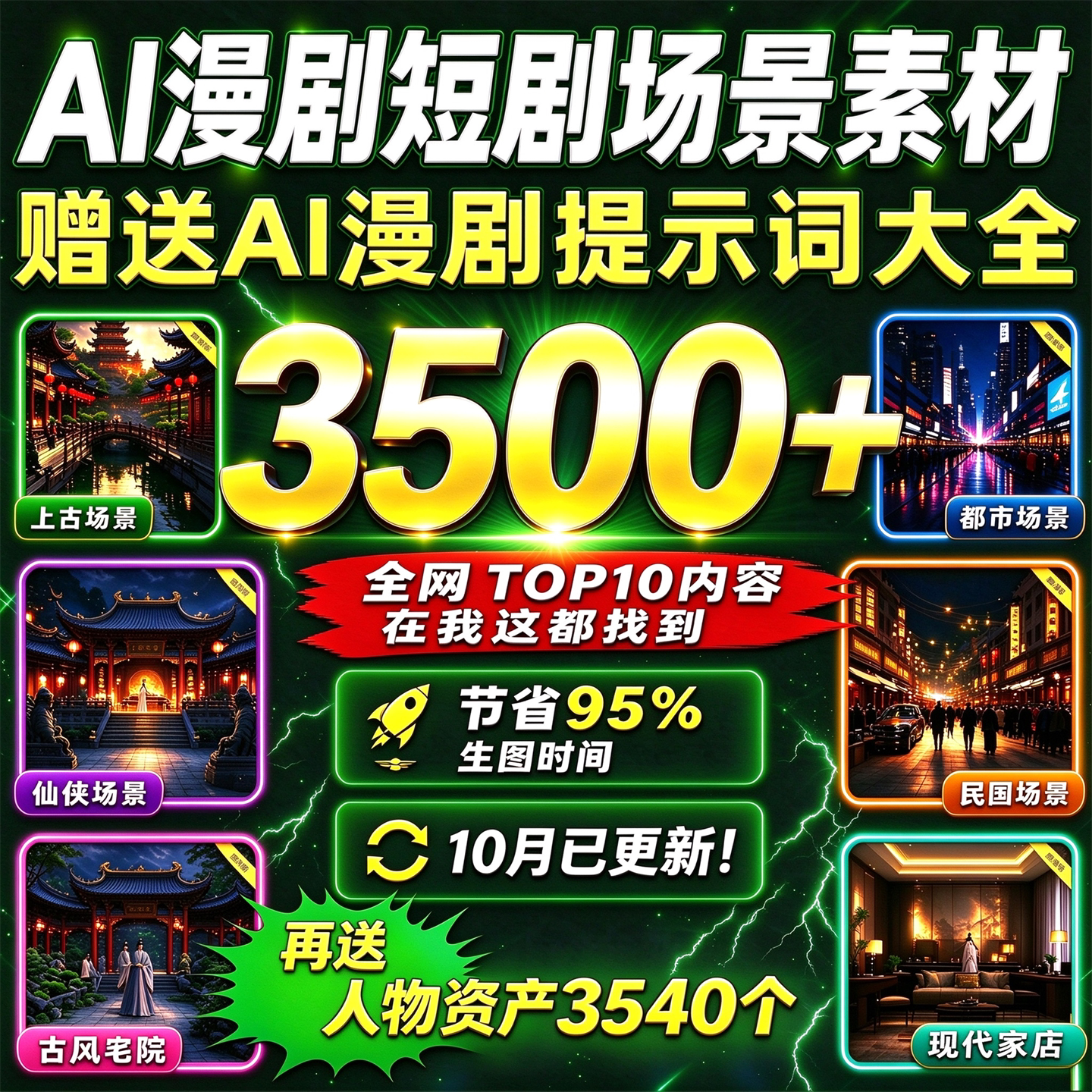 AI漫剧短剧3500个场景素材古风现代赠送人物素材+提示词资产包