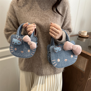 2026韩版可爱卡通蝴蝶结猫咪手提牛仔布手提包女童宝宝洋气斜挎包