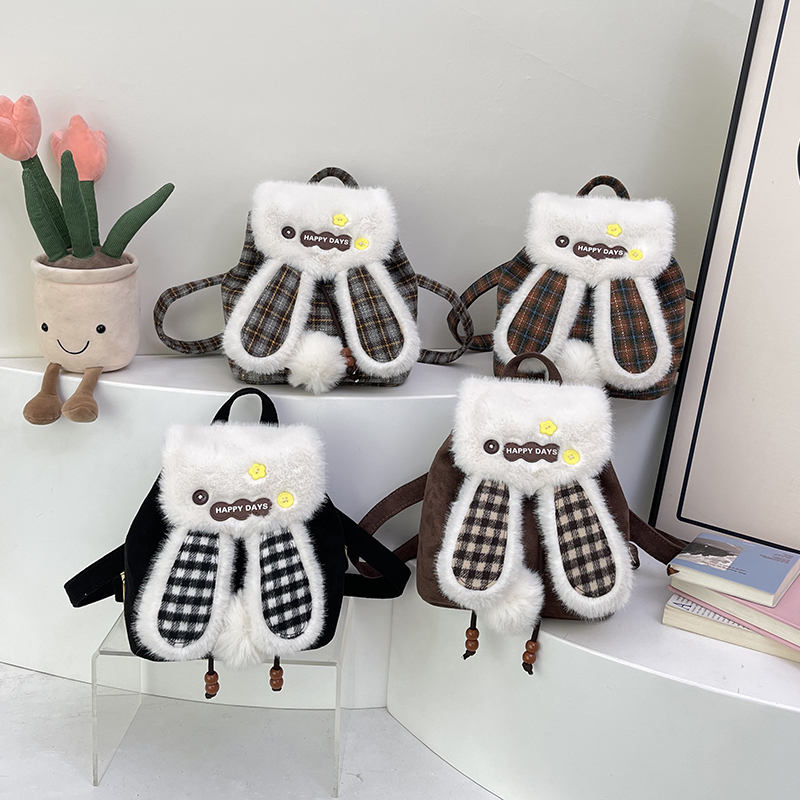 2025韩版可爱卡通小兔子格子款洋气百搭简约通勤双肩包男女童背包