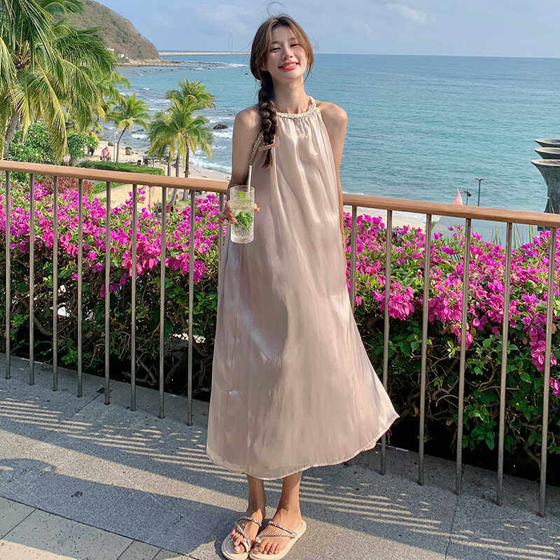 （新款）超仙甜美光泽感绸挂脖缎连衣裙2C123-XT23-P130-K198图片