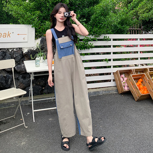 韩版设计感撞色工装背带裤女2025夏季新款法式收腰显瘦减龄连体裤图片