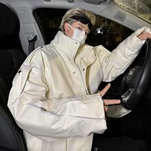 立领羽绒棉服男款冬季新款连帽皮衣外套pu皮棉衣日系夹棉加厚棉袄