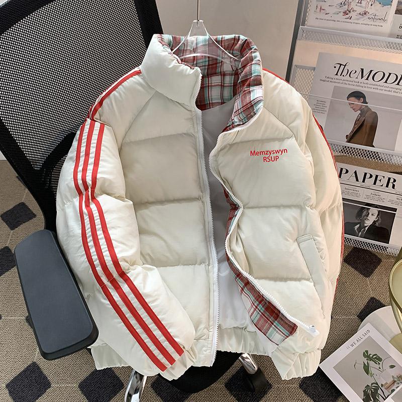 立领拼接条纹羽绒棉衣加厚面包服