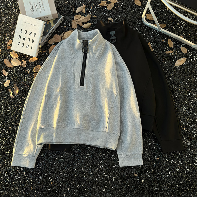 重磅解构半开襟立领灰色卫衣男生美式宽松休闲运动风套头长袖上衣