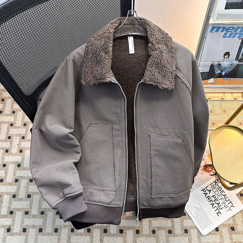 羊羔绒棉服外套男士冬季2025年加厚保暖皮毛一体棉衣翻领复古棉袄