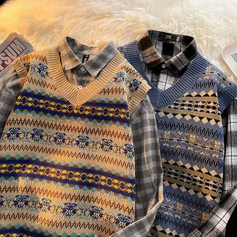 日系复古V领针织背心男秋季百搭