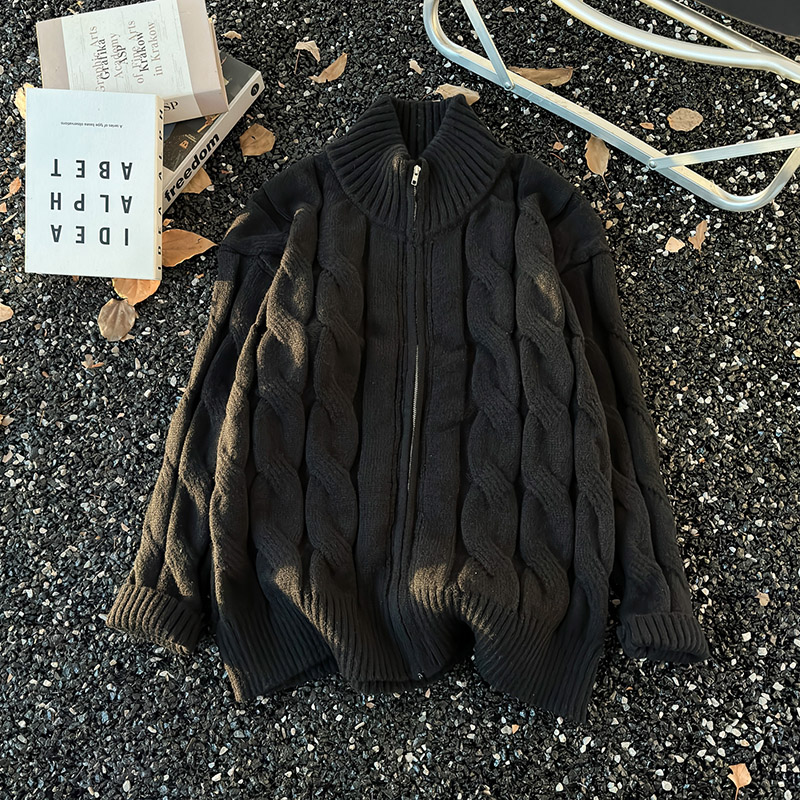 麻花拉链鹿毛绒立领毛衣男生美式休闲cleanfit保暖纯色针织衫外套