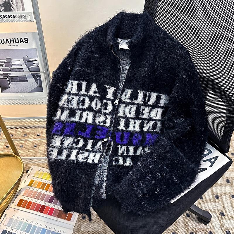 美式字母提花情侣针织衫外套