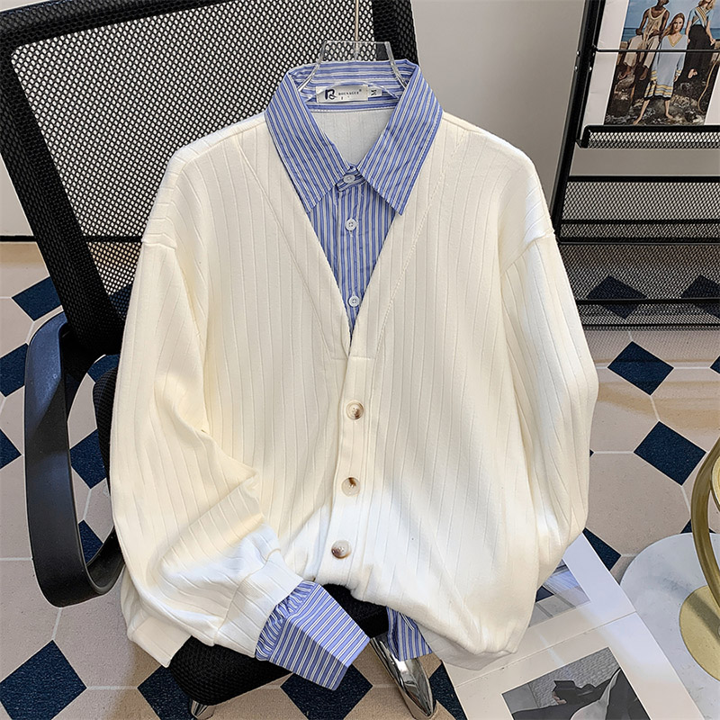 假两件拼接衬衫领针织衫毛衣男女韩系冬季宽松纯色高级感长袖上衣