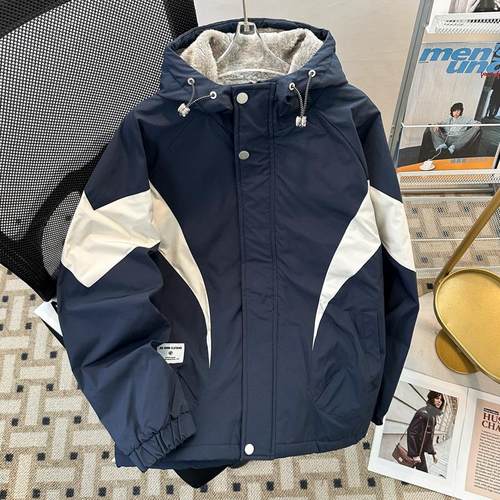 工装拼接冲锋衣棉服外套男装轻奢潮牌冬季加厚羊羔绒棉衣连帽棉袄