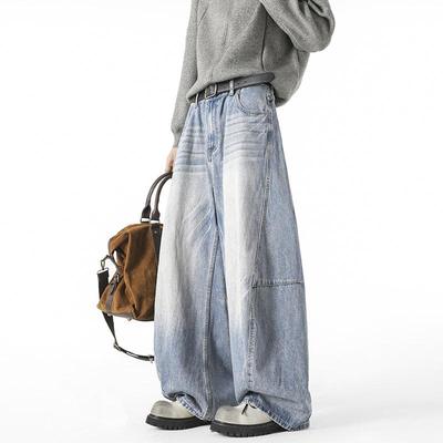 复古蓝色弯刀微喇牛仔裤男款嘻哈高级感cleanfit美式窄版直筒裤子