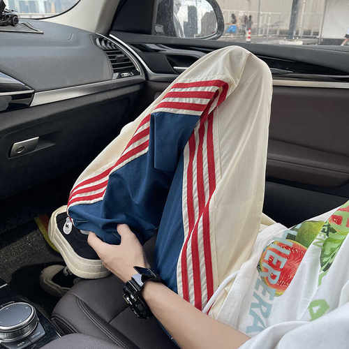 复古拼接条纹防水运动裤男女2025新款夏季薄款垂感冲锋裤直筒阔腿