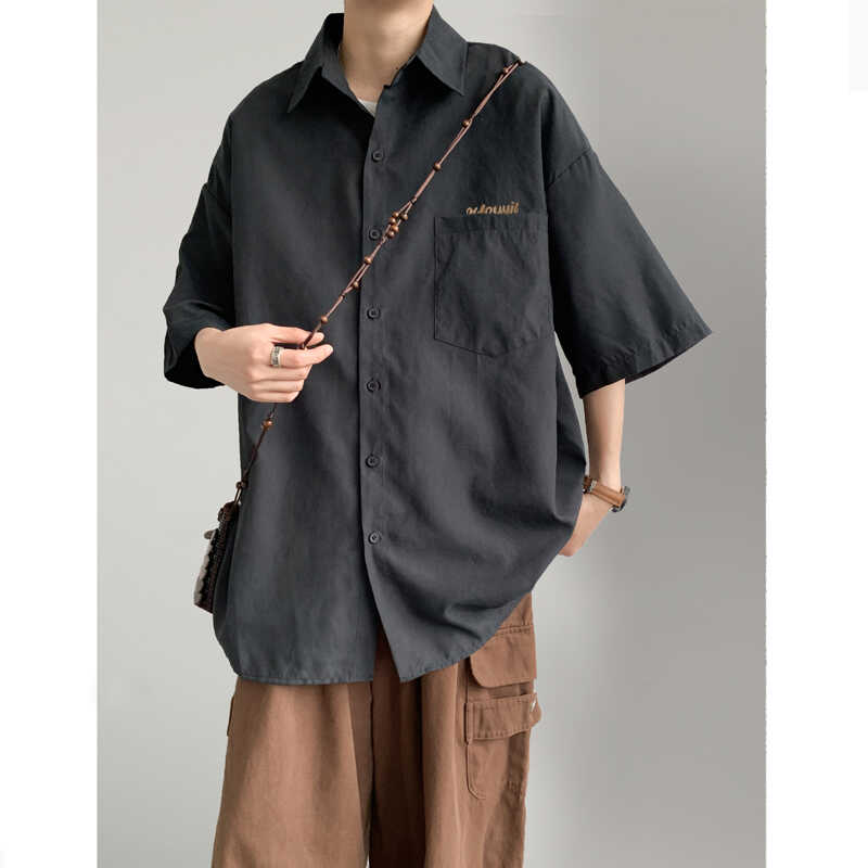 黑色工装短袖衬衫男生夏季痞帅高级感设计ins潮流半截袖宽松衬衣
