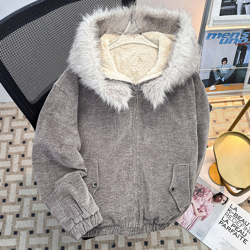 加厚羊羔绒双面穿毛领连帽棉衣男女冬季保暖拉链毛茸茸美式棉袄子