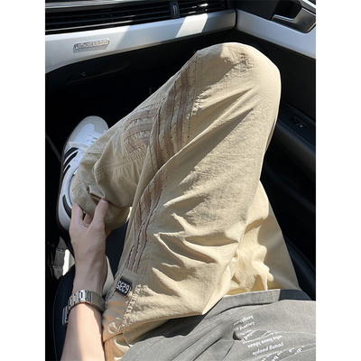 时尚三条杠条纹工装裤子男生薄款夏季美式直筒休闲速干抽绳运动裤