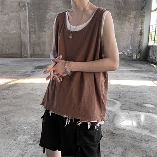 潮流爛邊坎肩無袖 夏季 純色ins運(yùn)動(dòng)背心男潮牌個(gè)性 寬松百搭汗衫 T恤