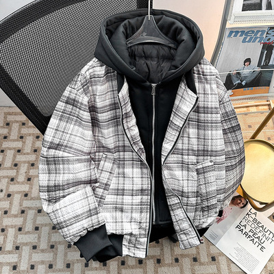 格纹连帽羽绒服男女冬季90白鸭绒加绒加厚保暖假两件格子上衣外套