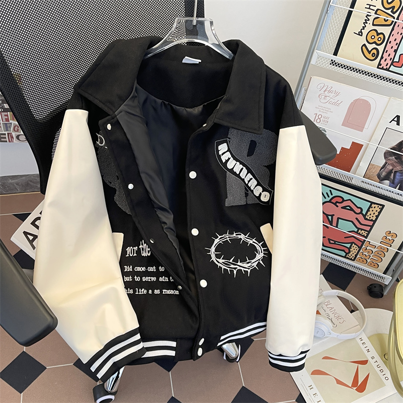 复古毛巾绣拼pu皮毛呢棒球服男生重磅翻领皮夹克呢子外套飞行员潮