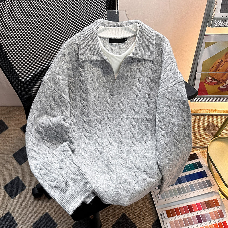假两件韩版简约翻领麻花毛衣男女cleanfit情侣保暖秋冬宽松针织衫