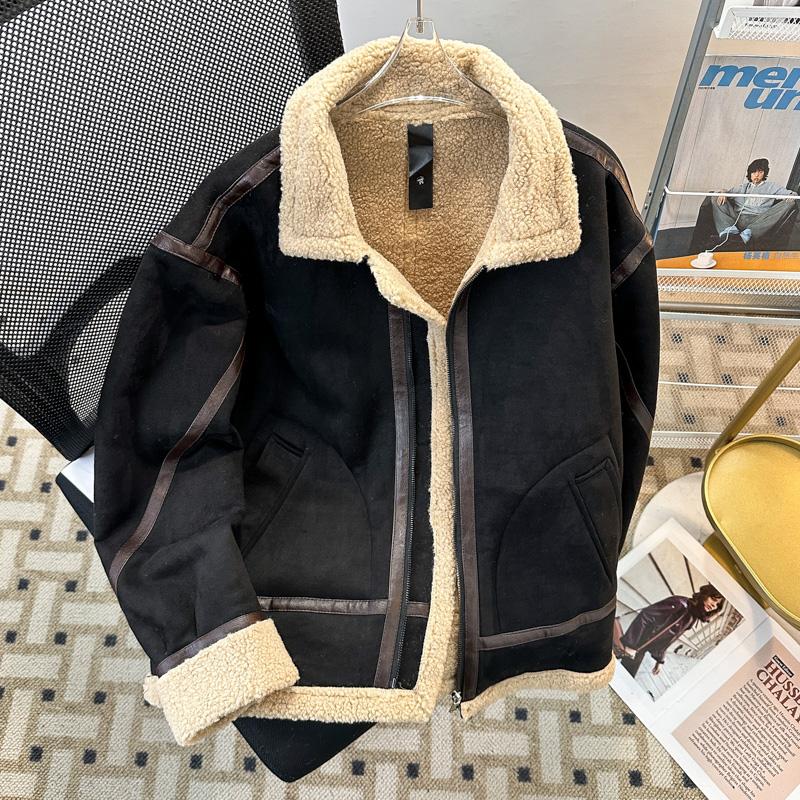 加厚羊羔毛外套男冬季2024新款加绒皮毛一体羊羔绒棉服翻领棉衣潮