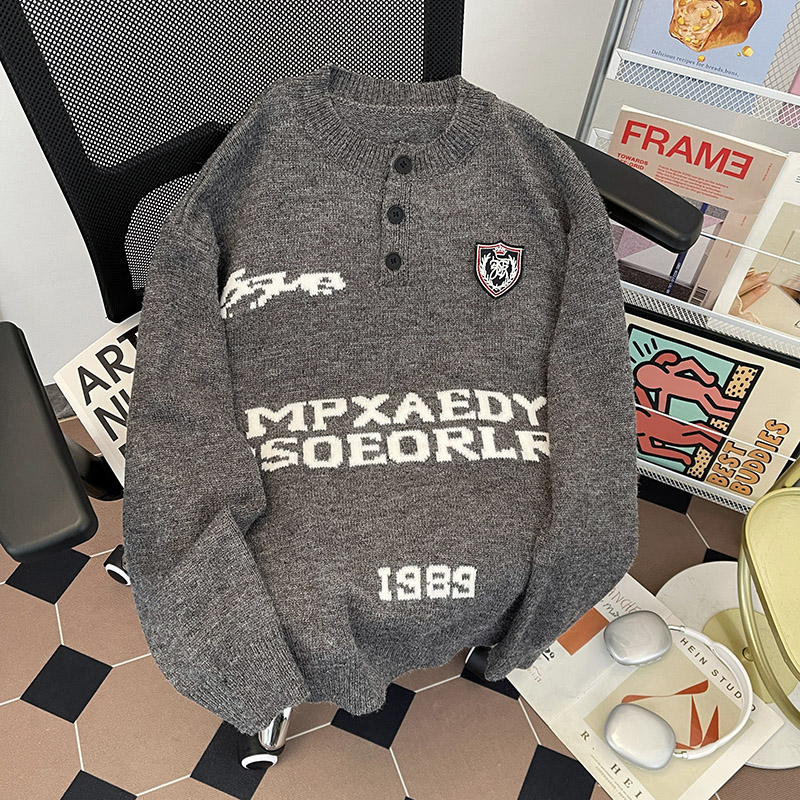 美式亨特领纽扣长袖徽章字母毛衣男女冬季宽松设计感针织衫上衣潮
