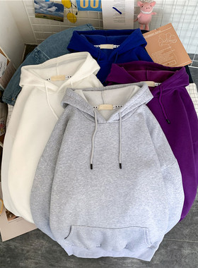bf原宿风新款纯色卫衣男女套头秋冬季休闲韩版宽松带帽加绒帽衫潮