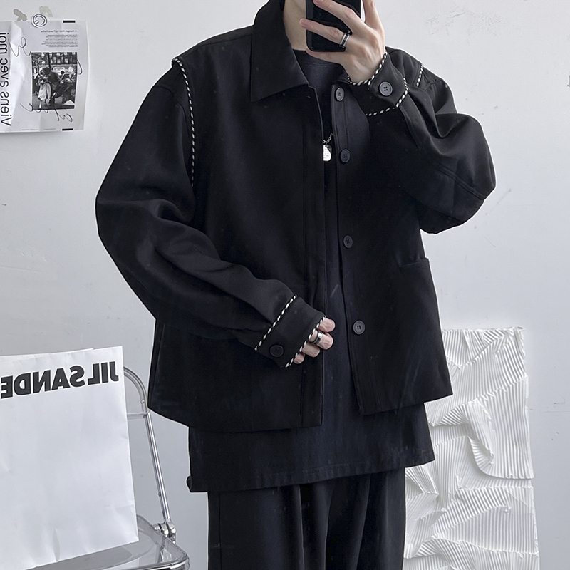 日系黑色工装大口袋外套男士嘻哈潮流美式免烫翻领bf风外穿夹克衫