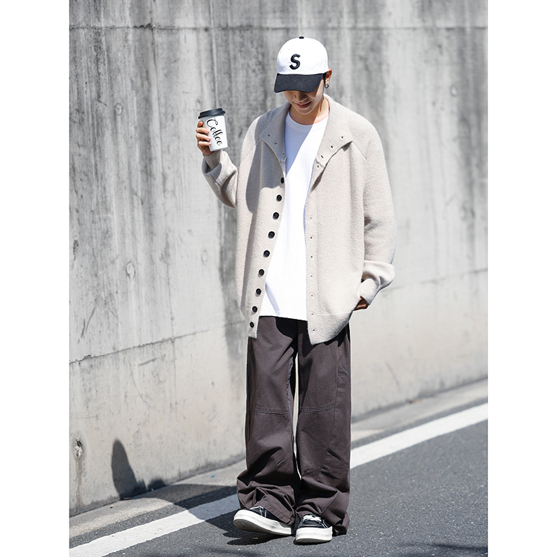 灰色立领排扣开衫毛衣外套男装设计感小众修身保暖针织衫线衣长袖