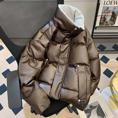 2025大码皮衣立领羽绒服男冬季加厚保暖90白鸭绒加肥加大宽松外套