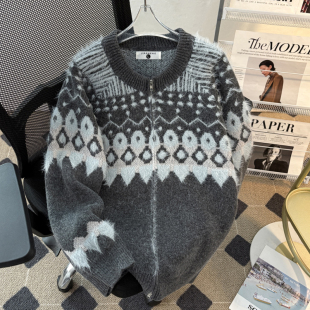 纽扣长袖 仿貂毛针织衫 宽松撞色提花线衣内搭开衫 秋冬季 毛衣 男女款