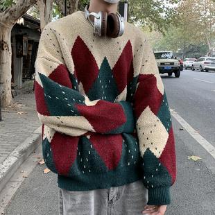 高级感情侣圣诞穿搭鹿毛绒圆领针织衫 复古菱格圣诞毛衣男女款 冬季