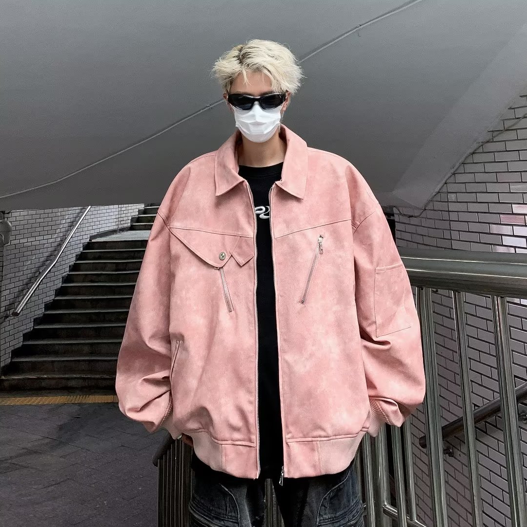 复古粉色麂皮绒PU皮外套男装春秋季高街痞帅炸街工装运动皮夹克衫