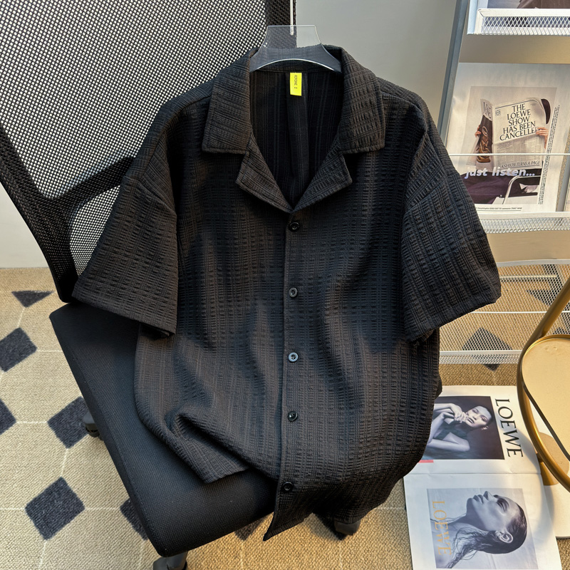 日系古巴领褶皱短袖衬衣男女夏季宽松高级感休闲冰丝衬衫薄款小众