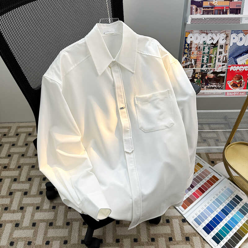 日系高级感休闲纯色口袋衬衫男女长袖垫肩简约韩版宽松痞帅衬衣bf