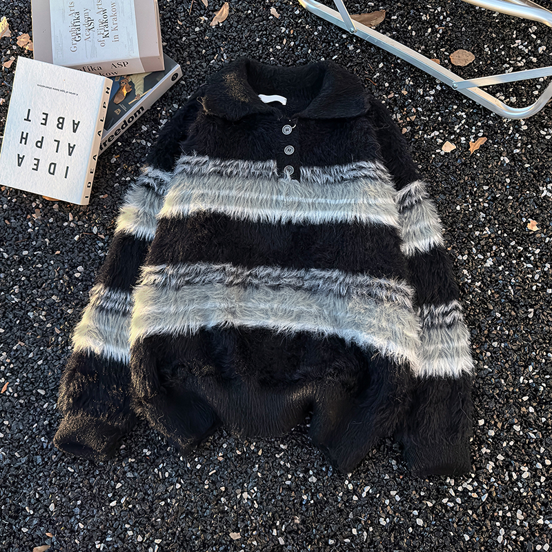 高级感长貂毛针织衫男女美式复古保暖刷毛POLP领条纹拼色毛衣长袖