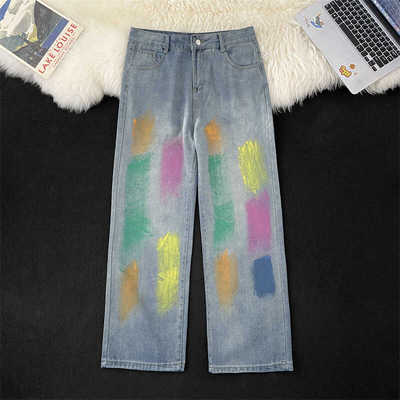 高街复古vintage水洗彩虹涂鸦牛仔裤男女款直筒阔腿裤子显瘦垂感