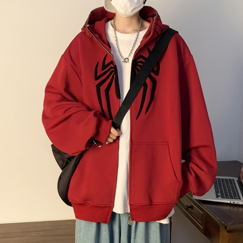 高街痞帅设计感蜘蛛侠开衫卫衣